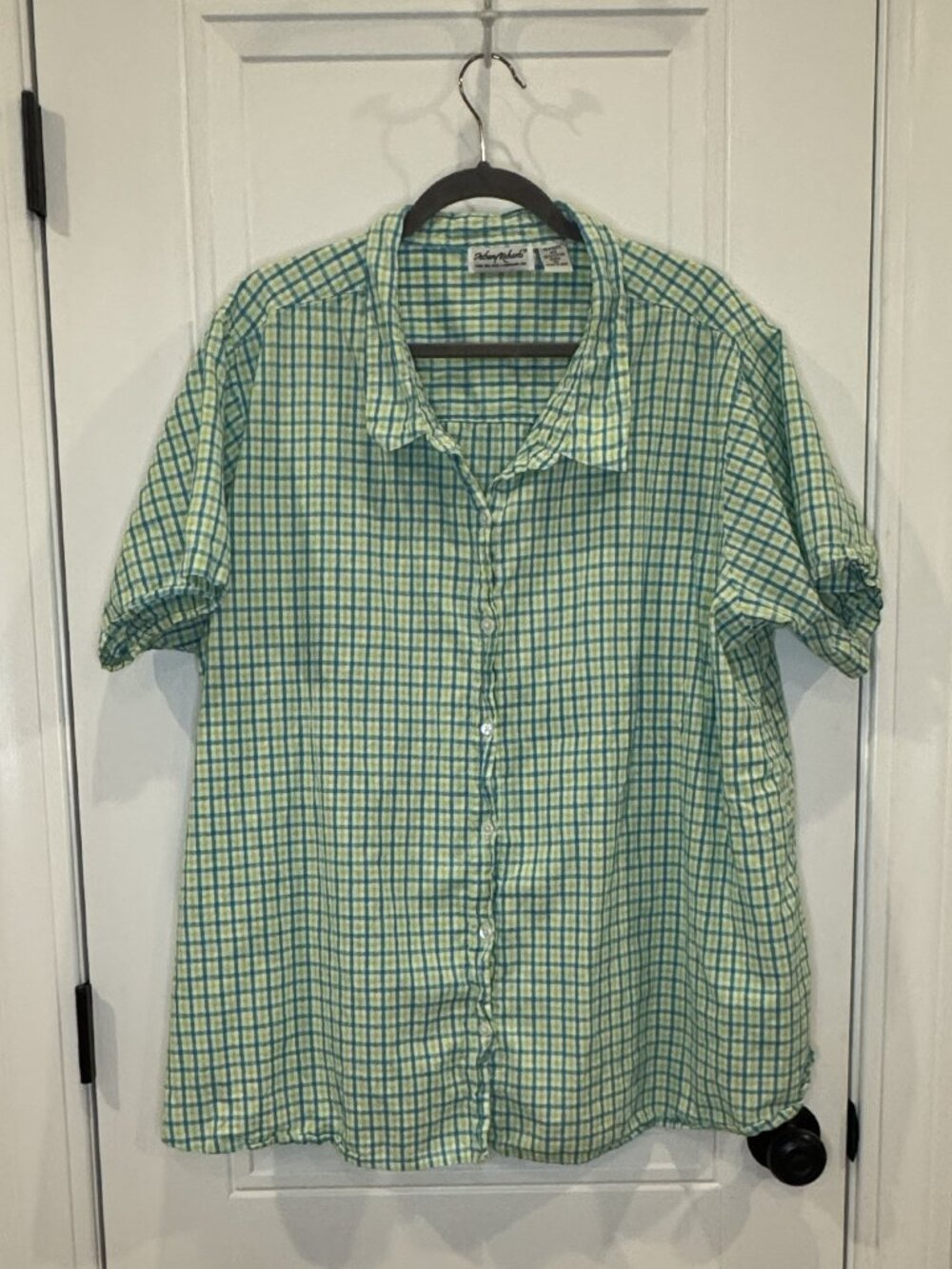 100% Cotton Blue Green & White Plaid Short Sleeve Button Down Shirt 4xl EUC